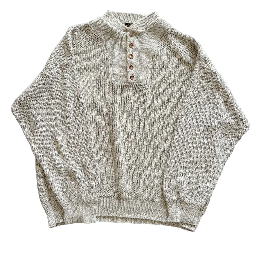 Vintage Eddie Bauer Mens XL Oatmeal Cotton Knit Henley Sweater Mock Neck USA